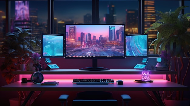Computador AI generativo sobre a mesa no estilo cyberpunk nostálgico dos anos 80 e 90 Luzes noturnas de néon