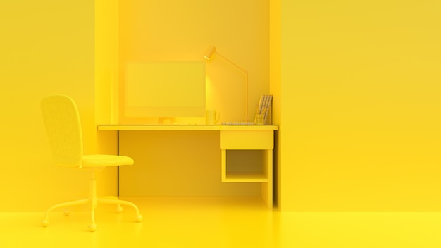 Computador amarelo na mesa da mesa de trabalho