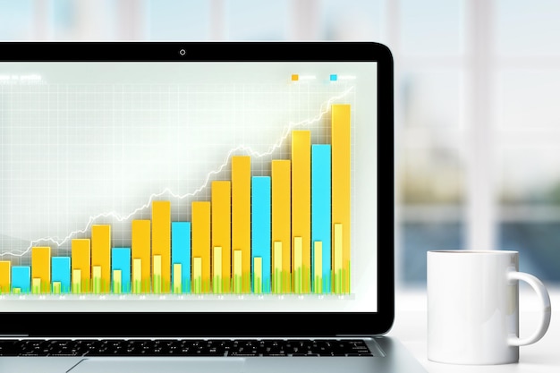 Computador com gráfico de negócios e uma xícara de café
