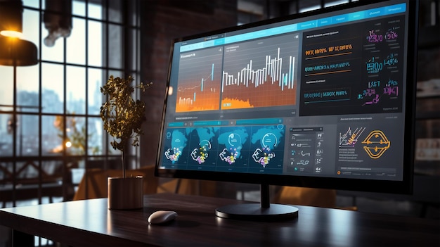 Computador com gráficos e estatísticas em uma mesa em um escritório Futuristic CRM Software CRM Design
