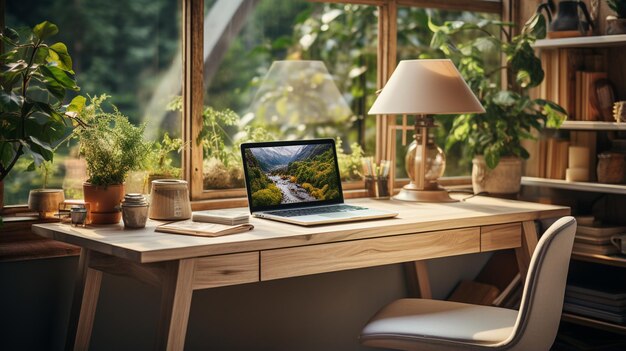 computador com plantas em mesa de madeira em sala de escritório conceito de decoração doméstica