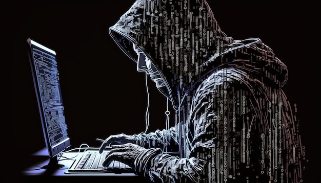 Computador de digitação de hacker. Ciberterrorismo, imagem de fraude especial. Hacker com código na tela.