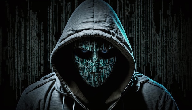 Computador de digitação de hacker. Ciberterrorismo, imagem de fraude especial. Hacker com código na tela.