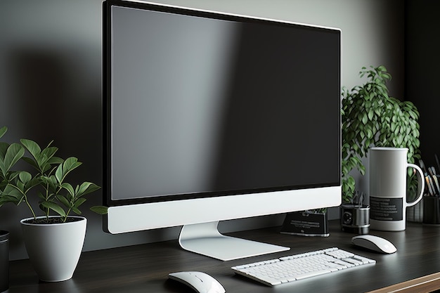 Computador de mesa de maquete exibe tela em branco na mesa Ilustração AI Generative