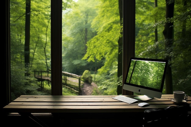 Foto computador de mesa em uma mesa com uma vista encantadora da floresta 00