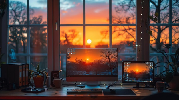 Computador de secretária em mesa de madeira