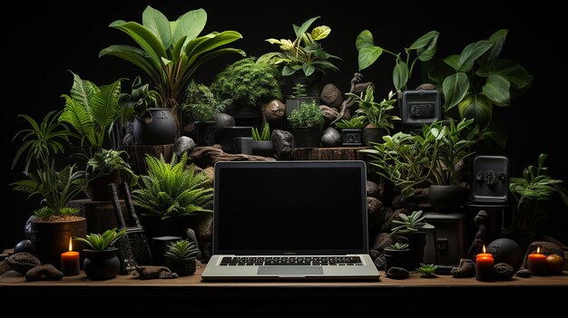 Foto computador e plantas suculentas em prateleira de madeira com fundo de parede preta