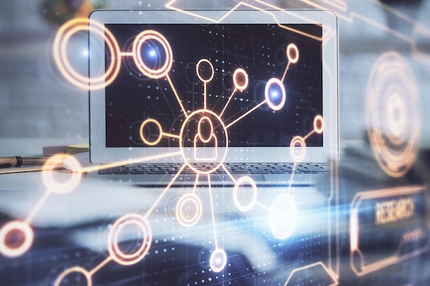 Computador em desktop com holograma de rede social Multi exposição Conceito de conexões internacionais de pessoas
