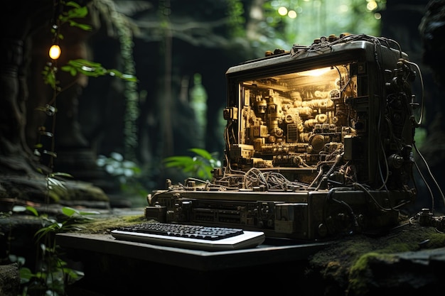 Computador em uma caverna espíritos tentam decifrar seu código ilustração de tecnologia pré-histórica da idade da pedra generativa ai
