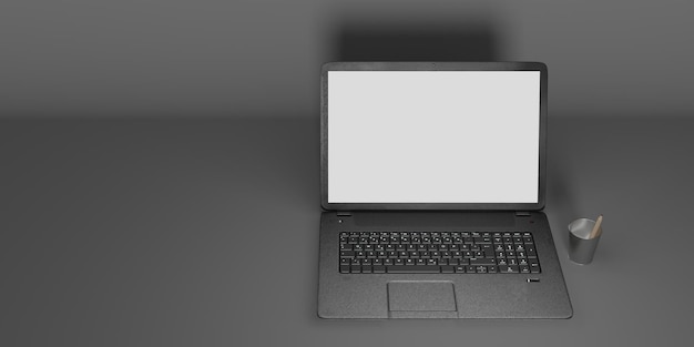Computador laptop com tela branca e ilustração 3d do teclado