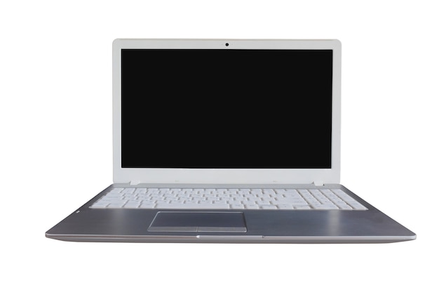 Computador laptop com tela preta em branco sobre fundo branco