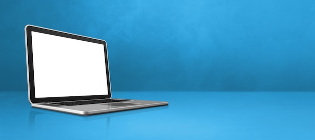 Computador laptop em banner azul de cena de escritório