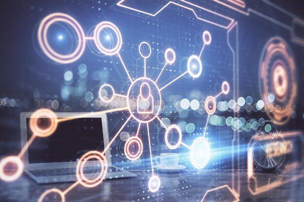 Computador na área de trabalho com ícone de tema de rede social Multi exposição Conceito de conexões internacionais