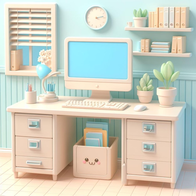 Computador na sala de trabalho estilo de desenho animado 3D dominante azul pastel