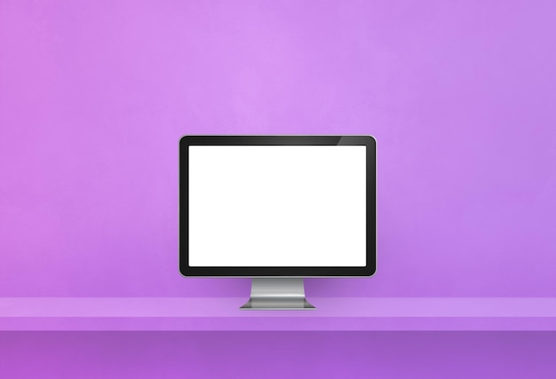 Computador pc - banner de prateleira de parede roxo. Ilustração 3D