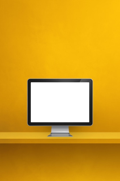 Computador pc - prateleira de parede amarela. Fundo vertical. Ilustração 3D