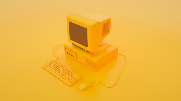 Computador pessoal antigo com teclado e mouse isolados em uma ilustração 3d amarela.