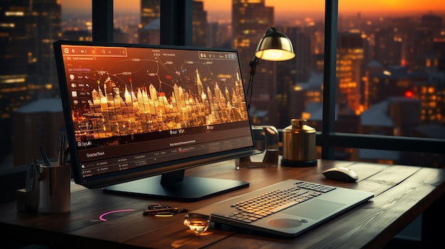 Computador pessoal com design de aplicativo móvel exibido no monitor em pé na mesa do escritório