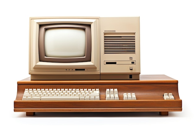 Computador pessoal vintage com teclado monitor CRT e unidade de disquete retrô sistema antigo