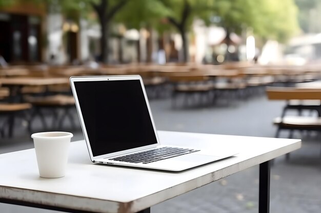 Computador portátil com ecrã em branco na mesa de um café público no dia de verão, gerada uma rede neural