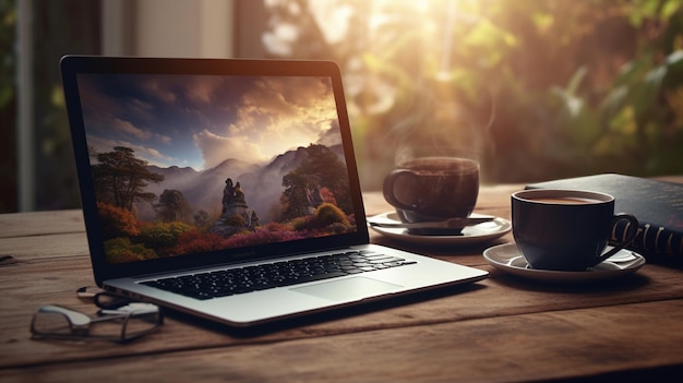 computador portátil com tela em branco e xícara de café em mesa de madeira com sala de estar moderna