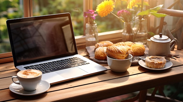 Computador portátil elegante na mesa com xícara de café para produtividade e criatividade IA geradora