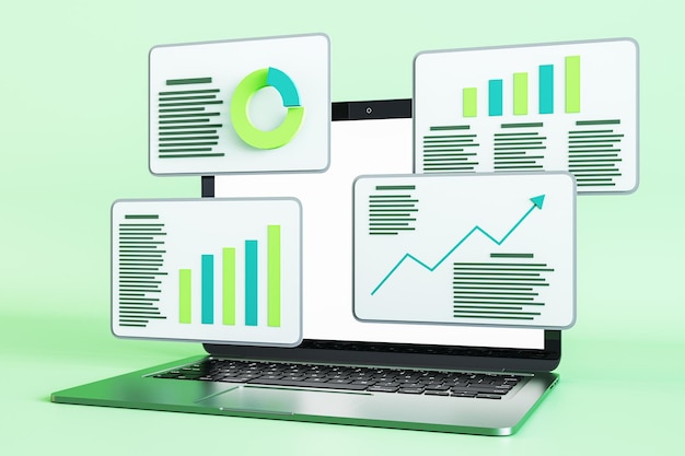 Computador portátil em fundo verde com vários gráficos de negócios Análise e conceito de tendência Renderização em 3D