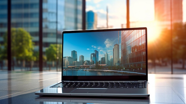 computador portátil em mesa de madeira com vista da cidade em fundo