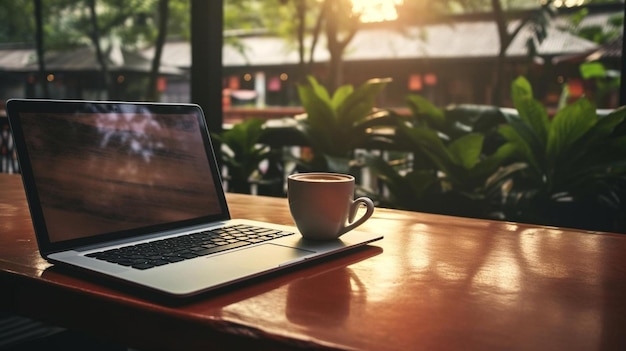 computador portátil na mesa de café com smartphone para se conectar à rede de tecnologia on-line social