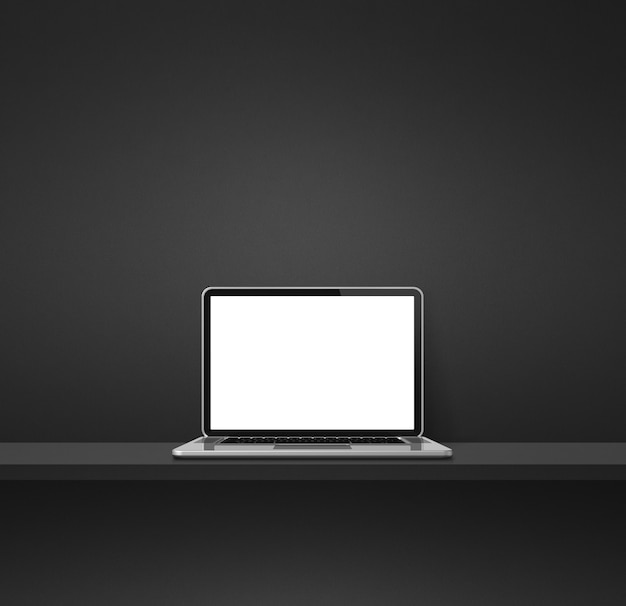 Computador portátil na prateleira preta. Fundo quadrado. Ilustração 3D