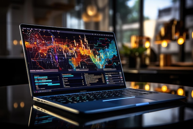Computador portátil na tela do monitor de mesa mostra dados de crescimento da empresa com gráficos financeiros gharts trading charts software ui