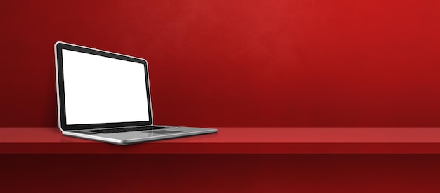 Computador portátil no banner de fundo de prateleira vermelha. Ilustração 3D