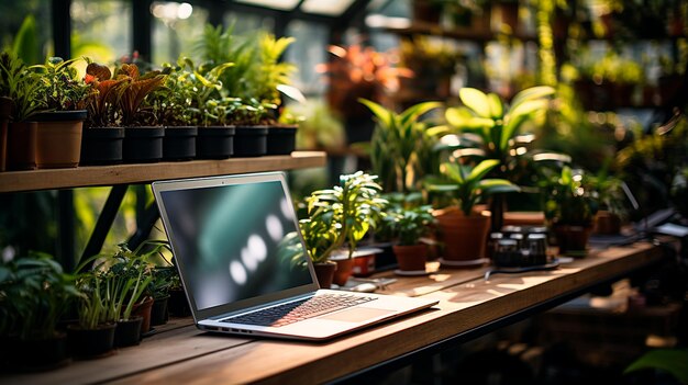 Foto computador portátil num jardim verde numa mesa com plantas em vasos