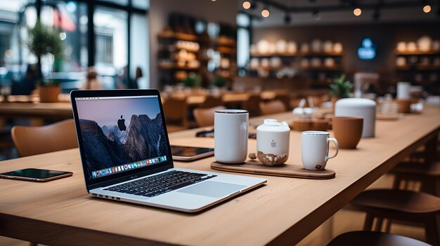 computador portátil sentado em uma mesa com uma chávena de café AI generativa