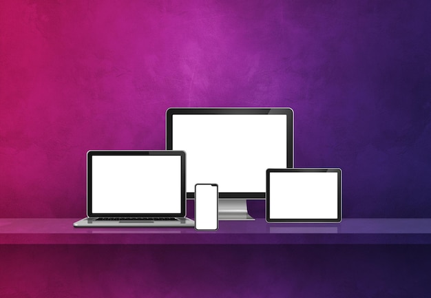 Computador portátil telefone celular e tablet digital pc banner de prateleira de parede roxa ilustração 3D