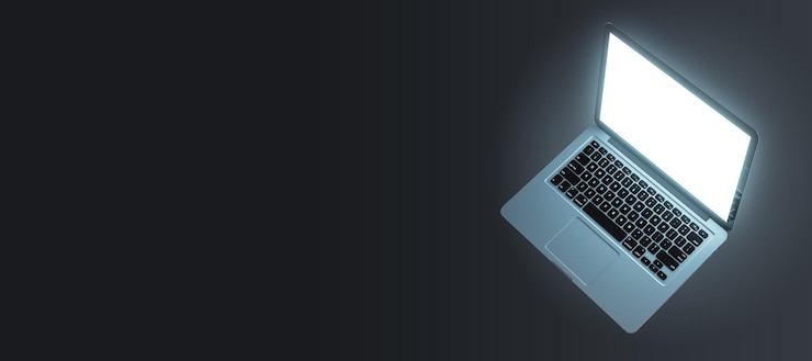 Foto computador portátil vazio com tela branca em fundo cinza com mock up lugar para anúncio tecnologia e conceito de dispositivo renderização 3d