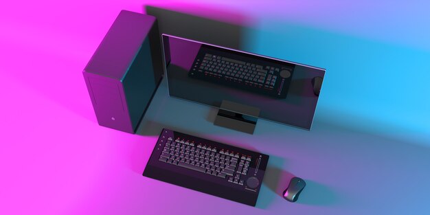 Computador preto com iluminação neon rosa, ilustração 3D