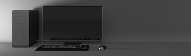 Computador preto em um fundo preto, ilustração 3D