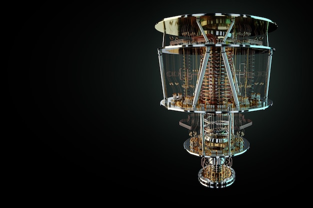 Computador quântico isolado em preto Engrenagem dourada computação quântica criptografia quântica steampunk Q bits computação paralela ilustração 3D renderização 3D