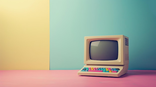 Computador retro vintage em um fundo arco-íris