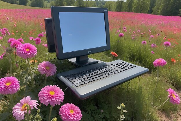 Computador sentado em cima de um campo de flores