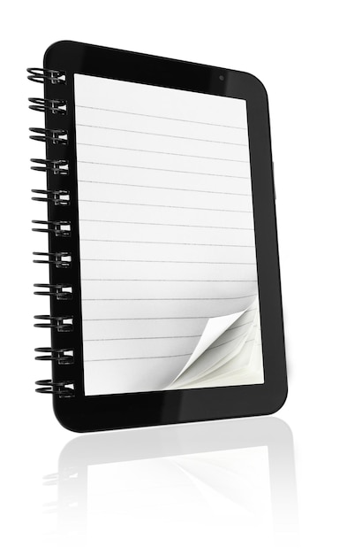 Computador tablet com páginas de caderno em fundo branco