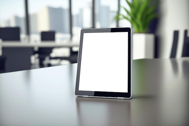 Computador tablet com tela em branco em um fundo desfocado do escritório Ilustração generativa de IA