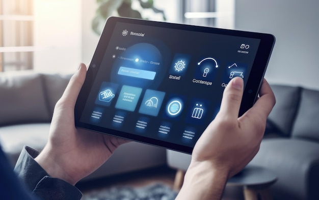 Computador tablet segurando-o em suas mãos Generative AI
