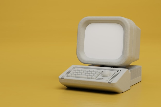 Computador vintage antigo em uma cópia de fundo amarelo copie o espaço de cópia 3d renderização