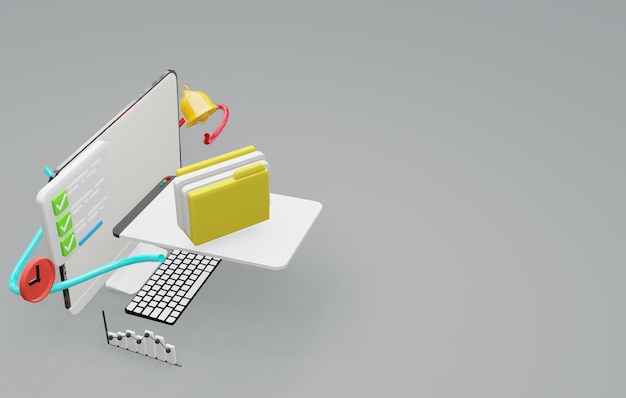 Computadora 3D con análisis de datos web seo ai y pantalla blanca