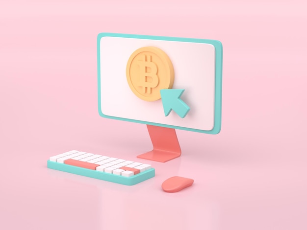 computadora, con, 3d, bitcoin, icono, 3d, render