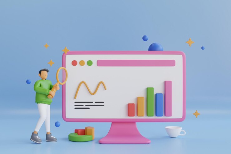 Foto computadora 3d con gráficos y gráficos, análisis de datos financieros comerciales. ,estrategia comercial de marketing
