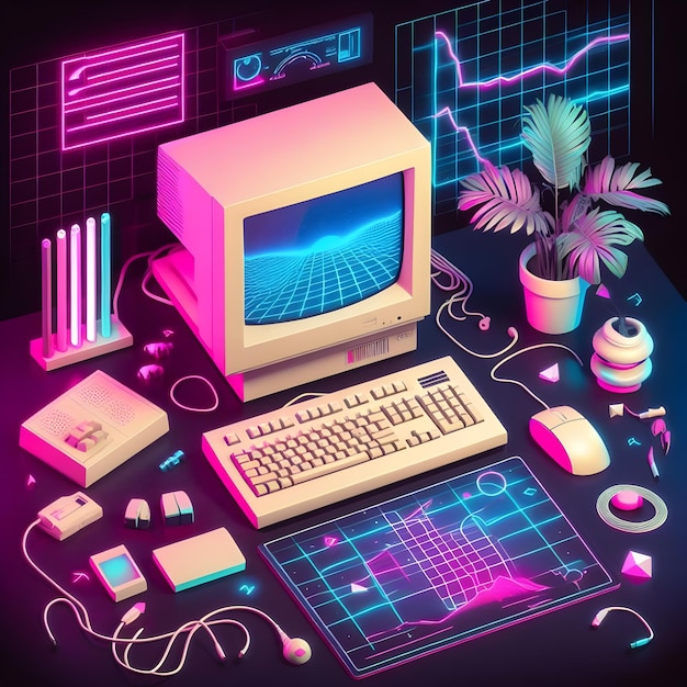 Foto una computadora de los años 90 al estilo de vaporwave