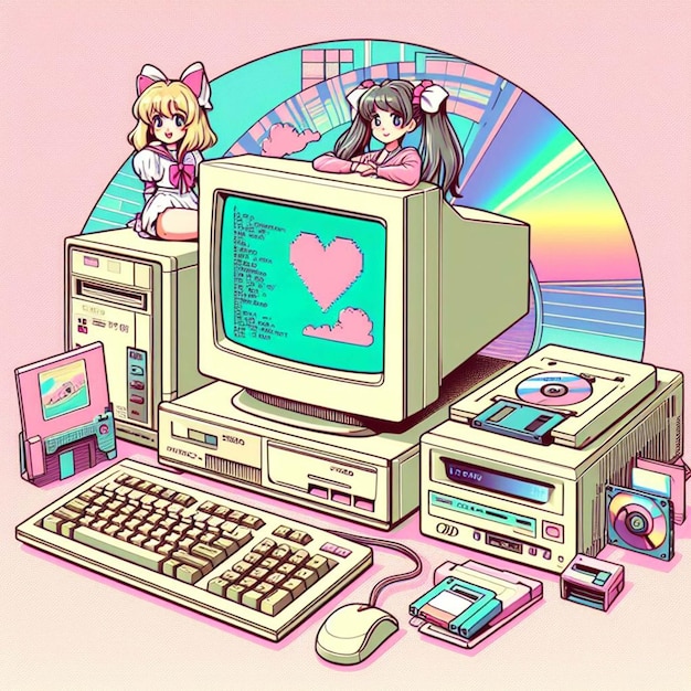 Una computadora de los años 90 al estilo de vaporwave